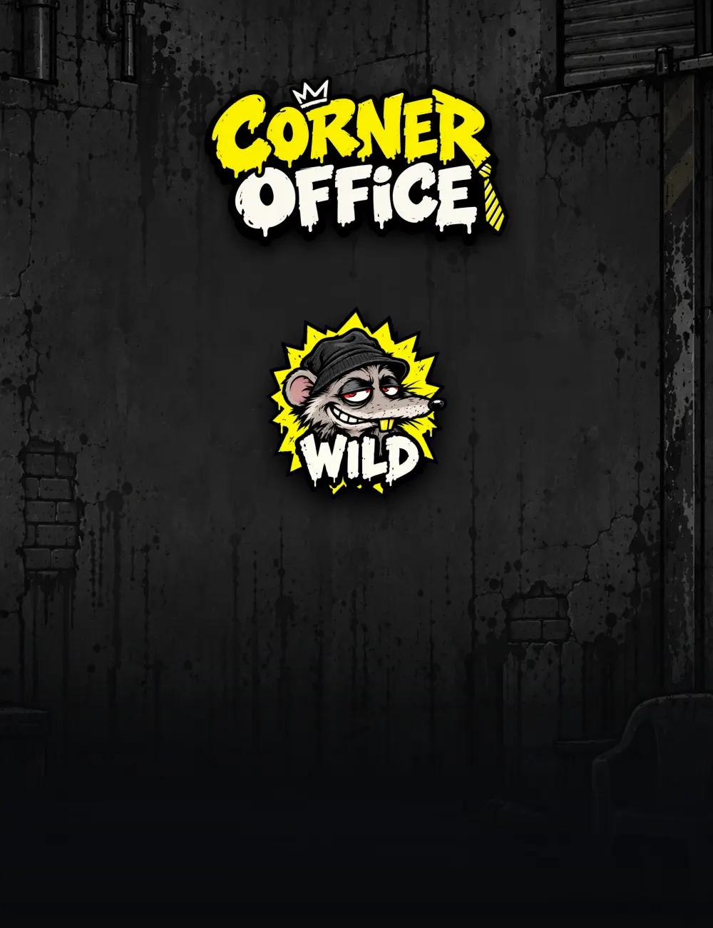 Corner Office poster: the logo over a rain-slick charcoal alley, with the game's rat wild below it