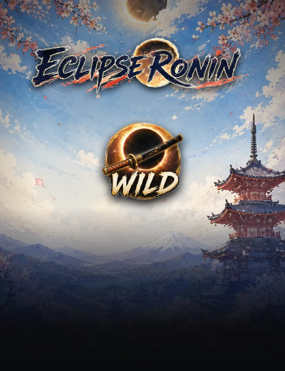 Eclipse Ronin poster: the logo over a spring shrine city under a total eclipse, with the game's eclipse-blade wild below it