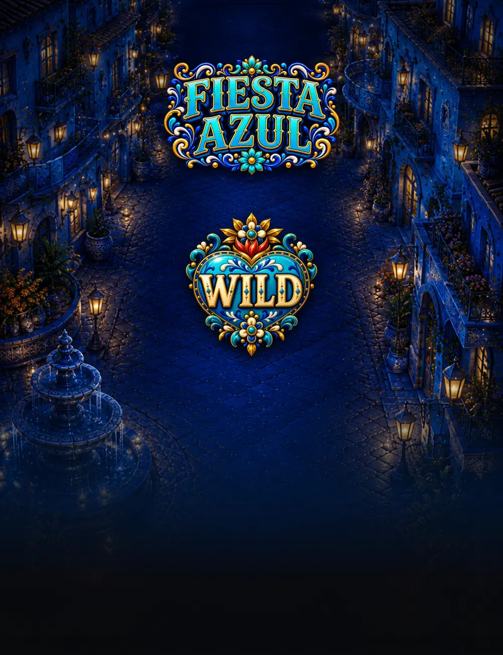 Fiesta Azul poster: the logo over a moonlit Talavera-blue courtyard hung with papel picado, with the game's sacred-heart wild below it