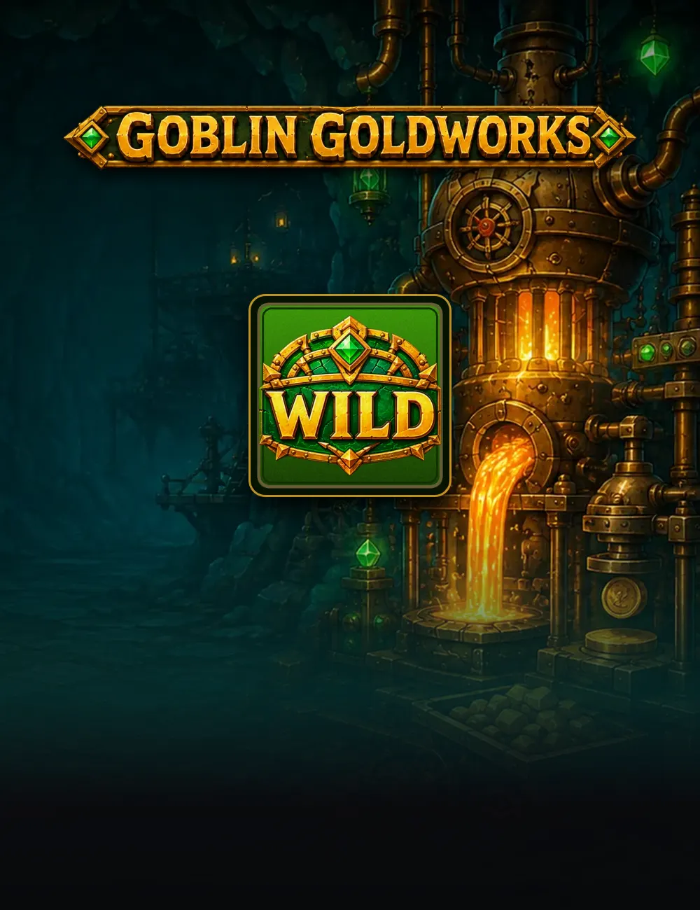 Goblin Goldworks poster: the brass sign over a lamplit goblin mint, with the game's emerald crest wild below it