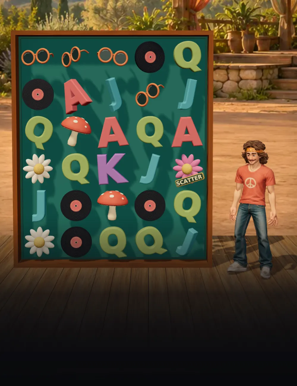 Groove Garden poster: a 5x6 board of 3D symbols standing on a wooden deck in a painted garden, a dancing hippie beside it