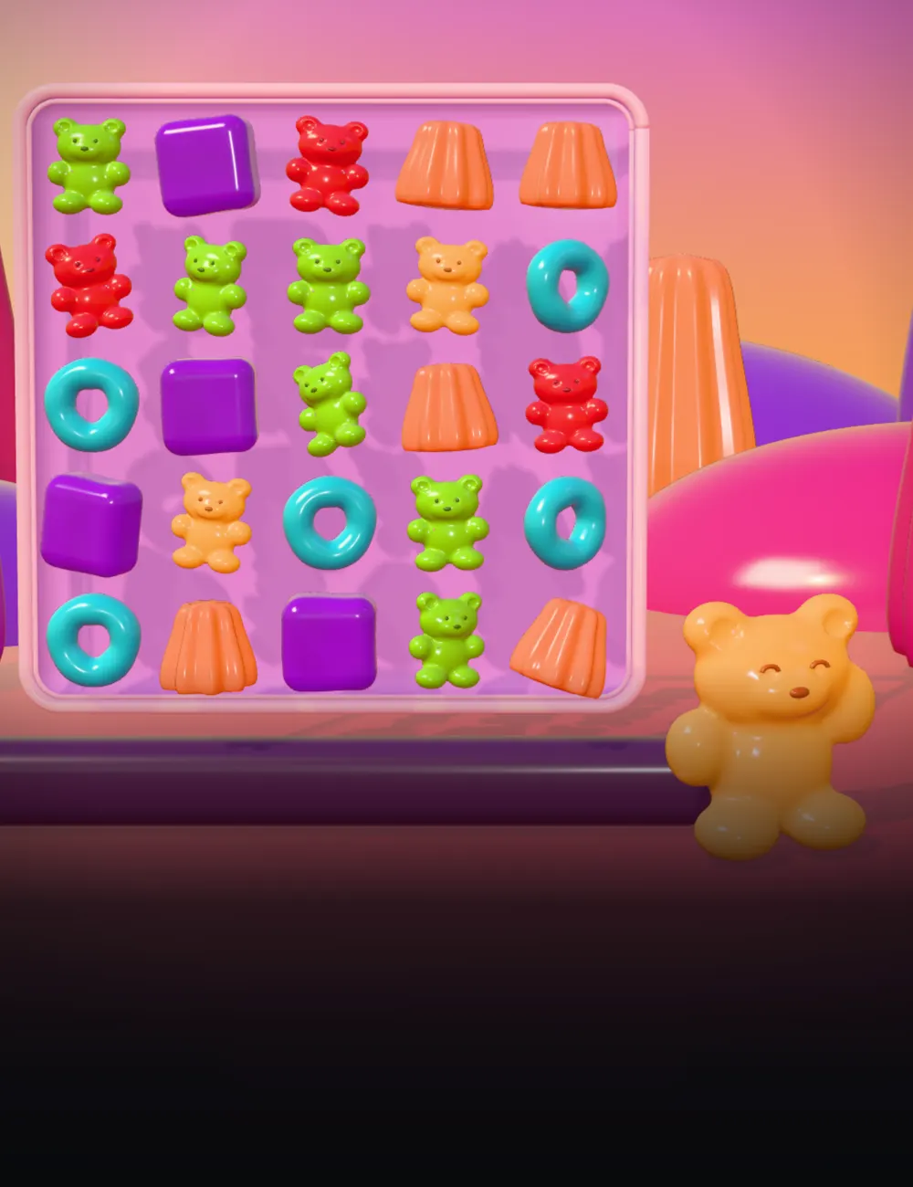 Gummy World poster: a 5x5 board of translucent gummy bears, rings, cubes and hearts on a lilac jelly board under a sunset candy sky
