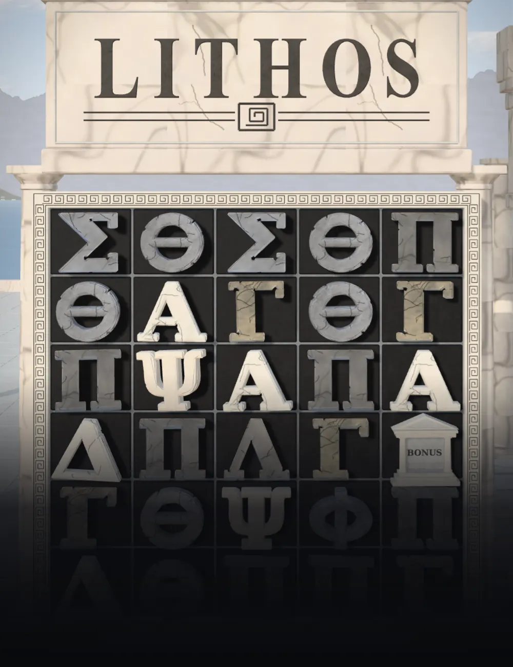 Lithos poster: a 5x6 board of carved marble Greek letters - alpha, omega, sigma, phi - framed by columns under a lintel inscribed LITHOS, the sea and a summer sky behind