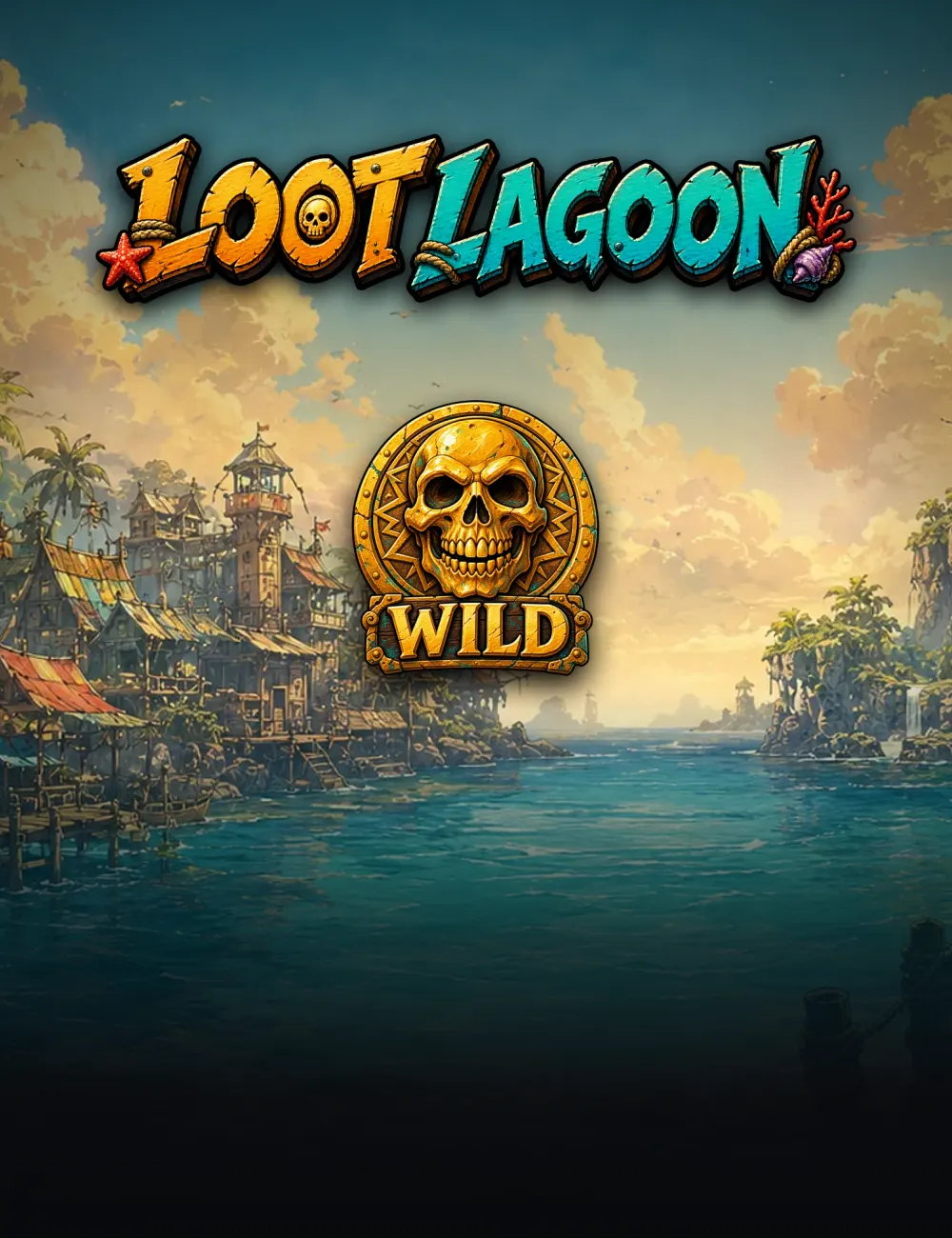 Loot Lagoon poster: the carved sign over a sunlit pirate lagoon, with the game's skull-coin wild below it