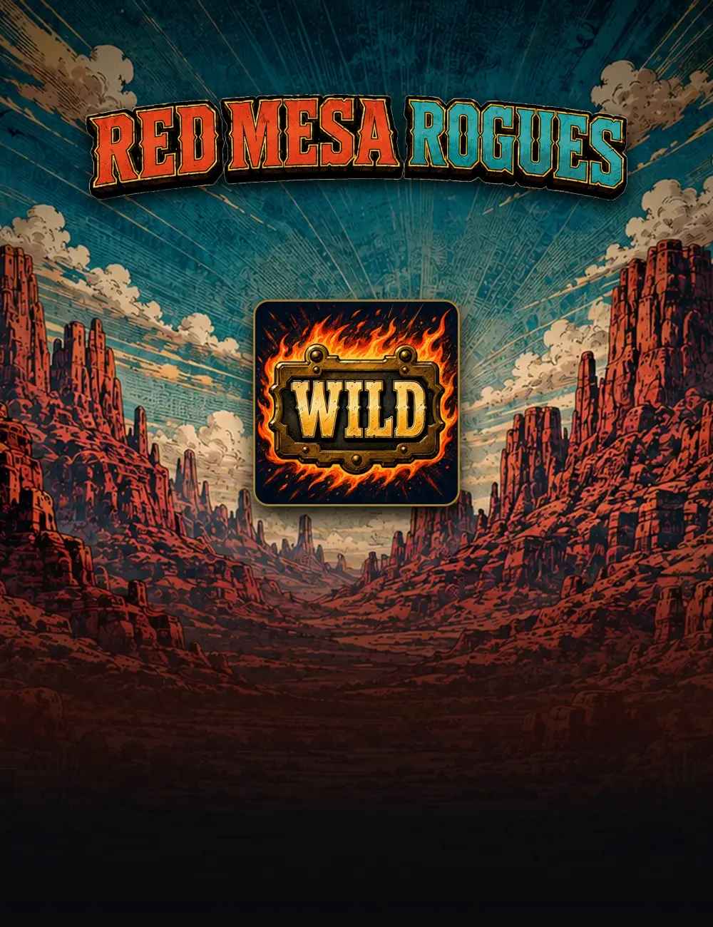 Red Mesa Rogues poster: the logo over a red canyon boomtown, with the game's flaming-buckle wild below it