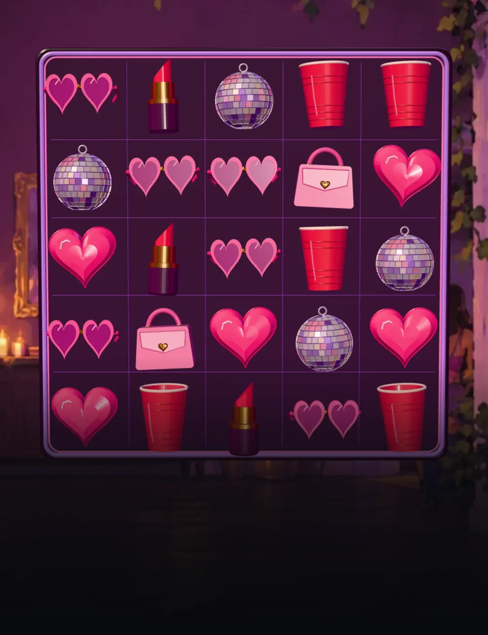 Sorority Party poster: a 5x5 board of handbags, mirror balls, heart shades, party cups and lipsticks hung on a violet party-room wall under fairy lights and balloons