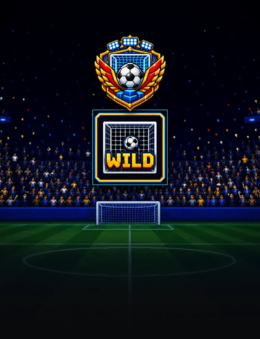 Stadium Stacks poster: the club crest over a floodlit night stadium, with the game's goal-net wild below it